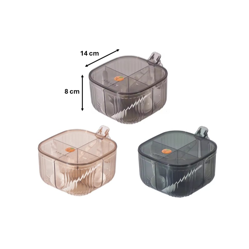 Plastic Transparent 4 Compartment Seasoning Spice Storage Container with Handle and Spoons 14 x 14 x 8 cm Assorted Colours 7614 (Parcel Rate)