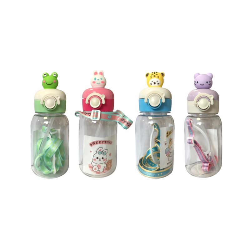 Plastic Water Drinking Bottle Cartoon Animal Design with Carrier Strap 17.5 x 7.5 cm Assorted Designs 7619 (Parcel Rate)