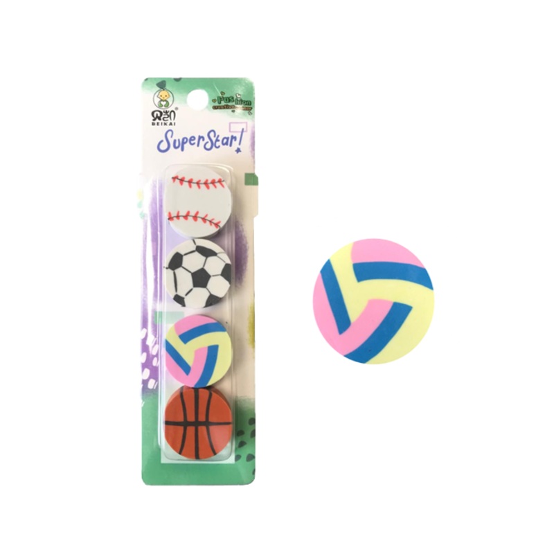Round Erasers Rubbers Sports Ball Design 3 x 1 cm Pack of 4 Assorted Designs 7733 (Large Letter Rate)
