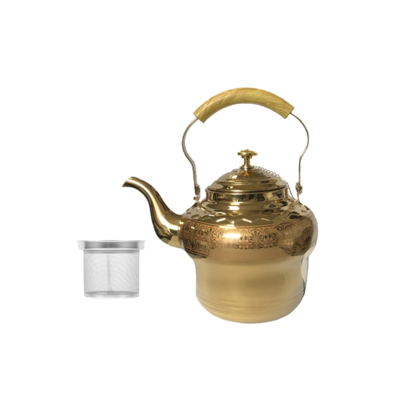 Stainless Steel Gold Coloured Tea Pot with Metal Mesh Filter Strainer and Wooden Grip 2L 7543 (Parcel Rate)