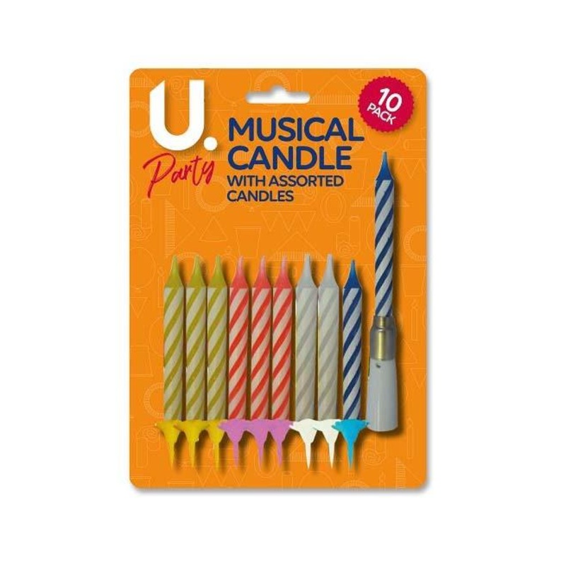 Birthday Musical Cake Candles with Holders Pack of 10 Assorted Colours P2756 (Parcel Rate)