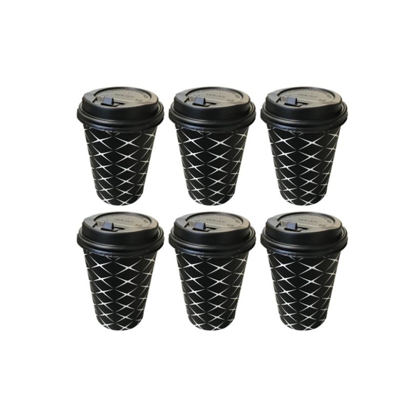 Black Paper Cup with Lid Printed Design 12oz Pack of 6 Assorted Designs 2206 (Parcel Rate)