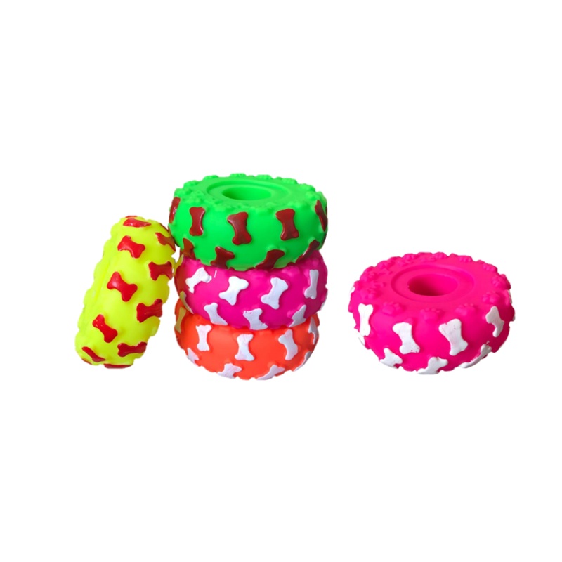 Pet Dog Toy Squeaky Wheel Tyre with Bone Print 9cm Assorted Colours 7828 (Parcel Rate)