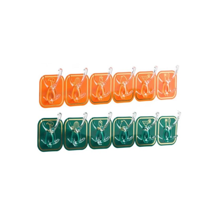 Plastic Adhesive Stick On Hooks 6.3 x 6.3 cm 6 Hooks Assorted Colours 7428 (Parcel Rate)