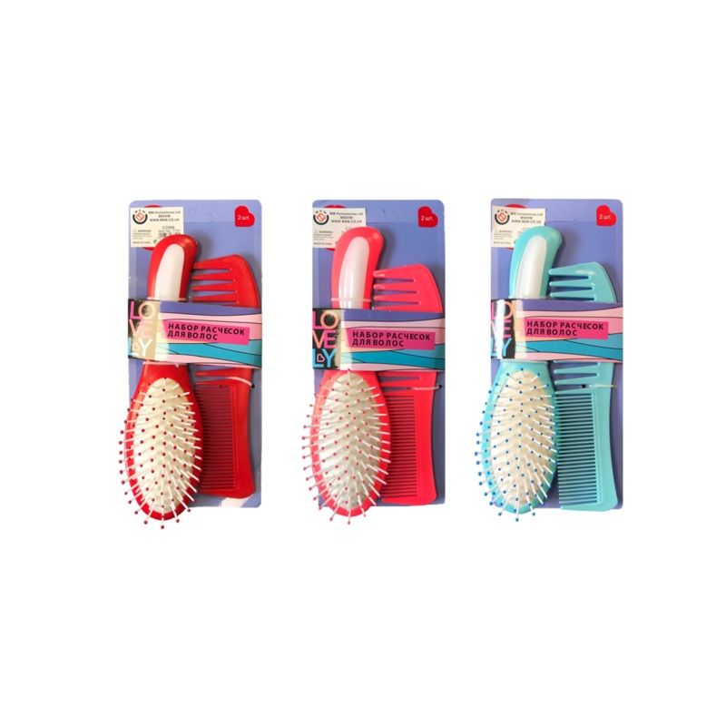 Plastic Hairbrush and Comb Set of 2 Assorted Colours 7741 (Parcel Rate)