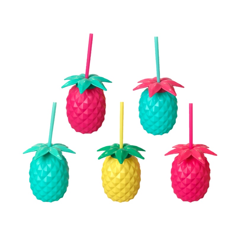 Plastic Pineapple Shaped Cocktail Drinking Glass Cup with Lid and Straw 14 cm Assorted Colours 7818 (Parcel Rate)