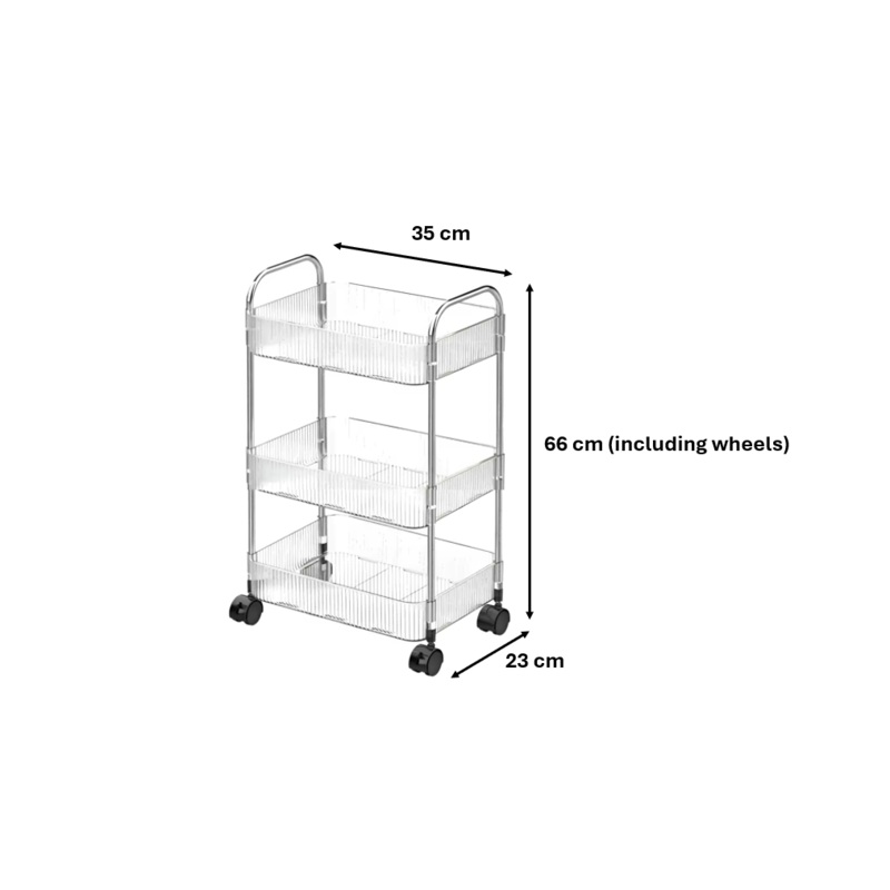 Transparent Plastic 3 Tier Storage Rack Trolley with Wheels 35 x 23 x 66 cm 7702 (Parcel Rate)