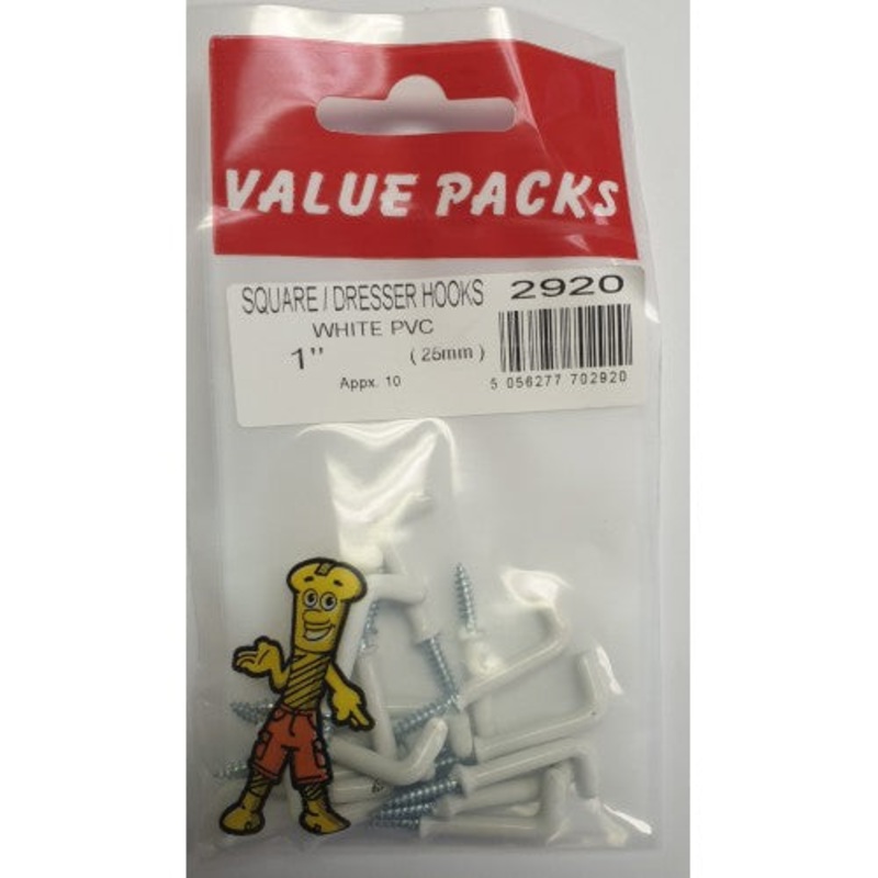 1″ Square PVC Dresser Hooks White 2920 (Large Letter Rate)
