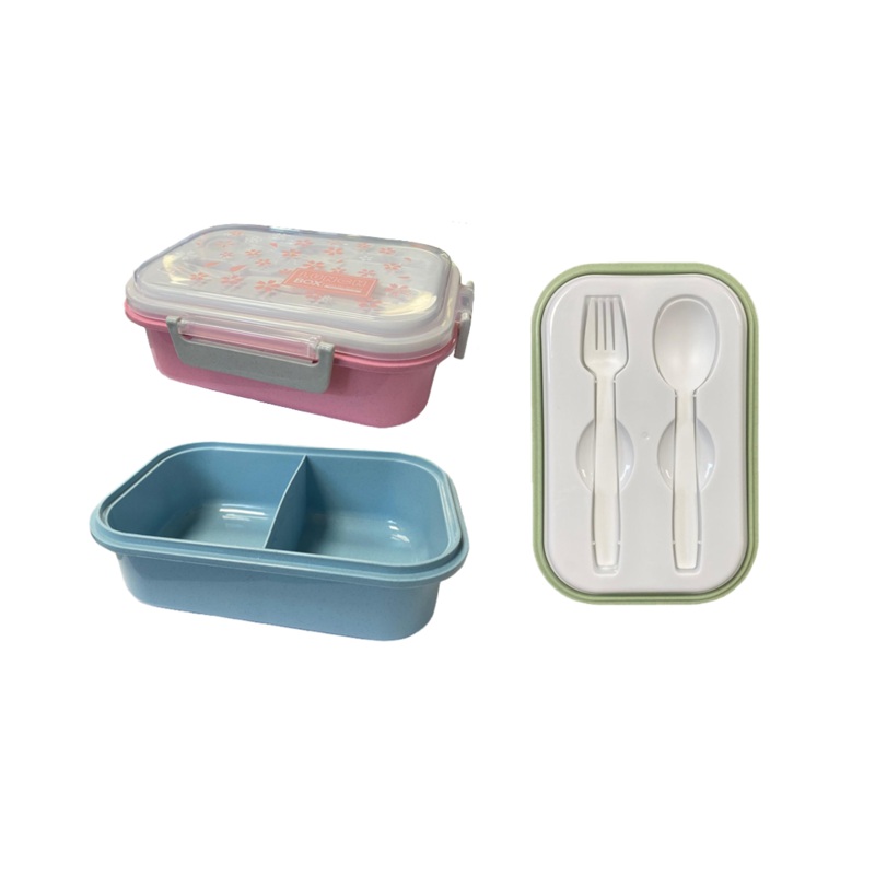 Plastic 2 Compartment Lunch Box with Cutlery 21 x 14 x 6 cm Assorted Colours 7783 (Parcel Rate)