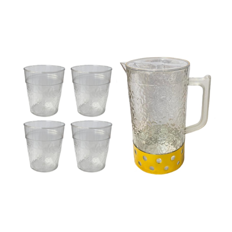 Transparent Plastic Textured Water Juice Pitcher Jug with 4 Cups Assorted Colours 7788 (Parcel Rate)