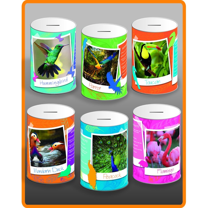 6 Assorted Styles Exotic Birds Money Tin 145mm x 110mm EXT001A  (Parcel Rate)