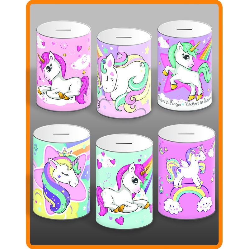 6 Assorted Styles Unicorn Money Tin 145mm x 110mm UNI001 (Parcel Rate)