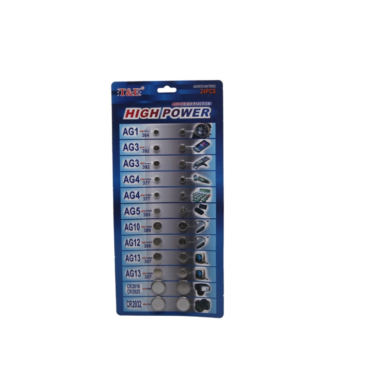 T&E 24 Assorted Flat Button Batteries on 1 Single Card 15 x 30cm 2027 (Parcel Rate)