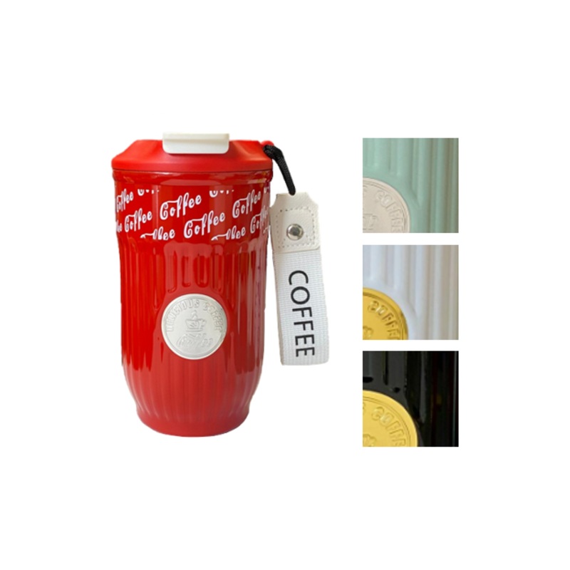 Stainless Steel Coffee Travel Thermos Cup Tumbler with Retro Ribbed Design and Strap 420ml Assorted Colours 7951 (Parcel Rate)