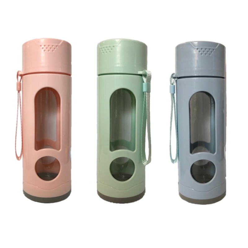 Glass / Plastic Water Bottle Flask with Strap 21 x 7 cm Assorted Colours 6261 (Parcel Rate)